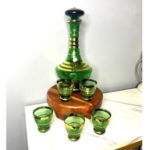 Bohemia Crystal Green Gold Decanter Set – 6 Glasses Czechoslovakia c. 1950s–60s